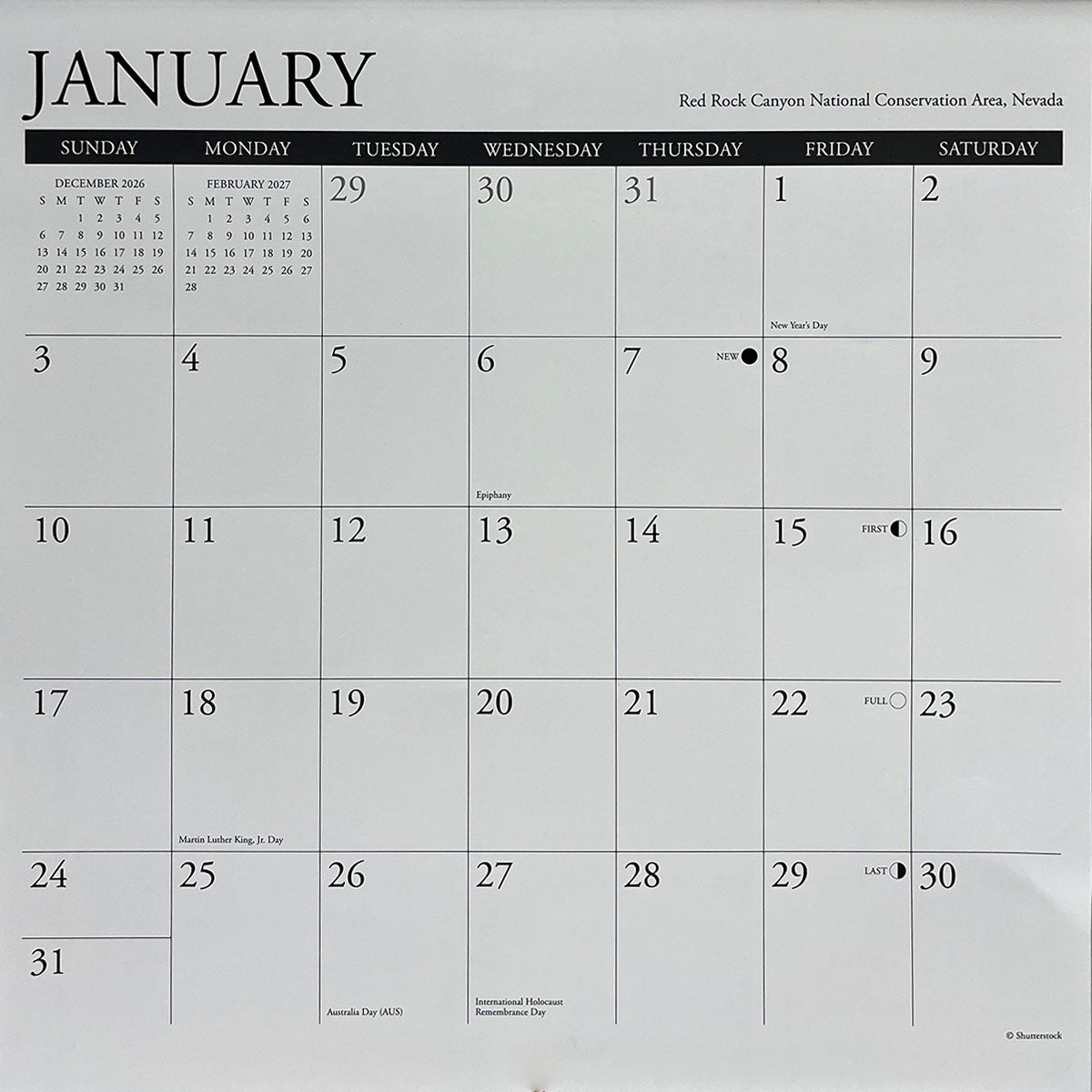 Close-up of the January 2027 calendar grid, clearly showing dates, days of the week, and highlighted holidays, designed for practical organization and planning.