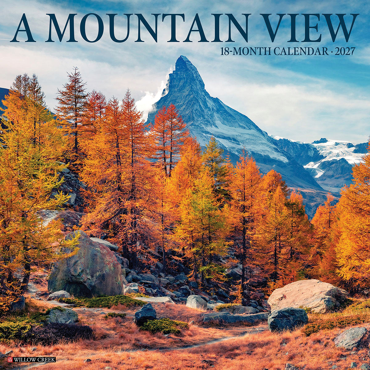Vibrant autumn Matterhorn wall calendar 2027 featuring golden larch trees, snow-capped peaks, and a picturesque alpine landscape.