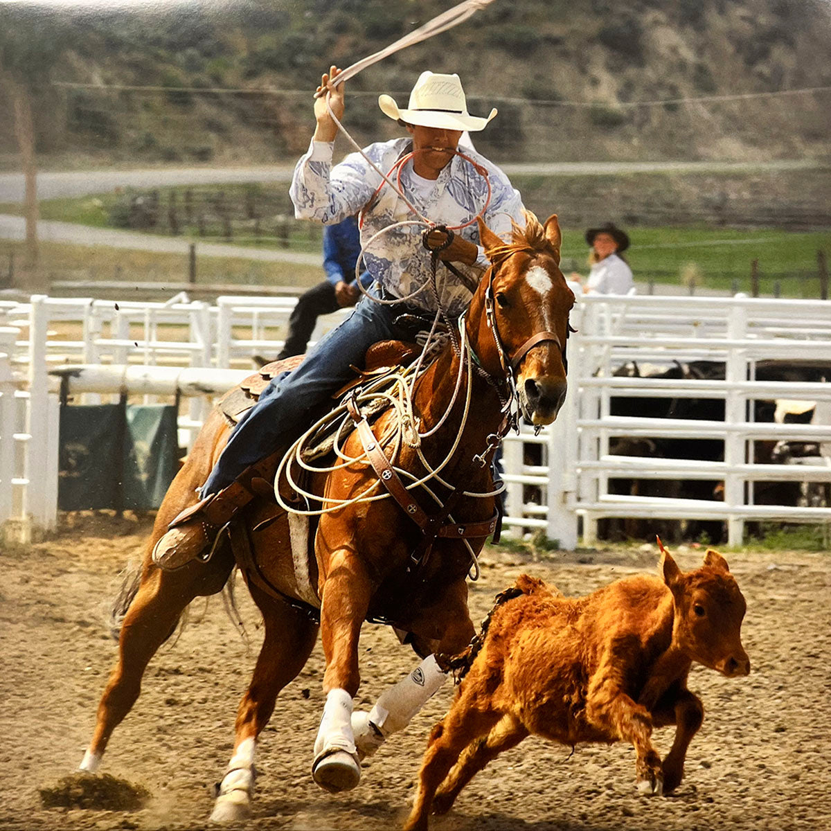 Action-packed image of a cowboy on a galloping horse expertly roping a calf in a dusty rodeo arena, highlighting Western sports.