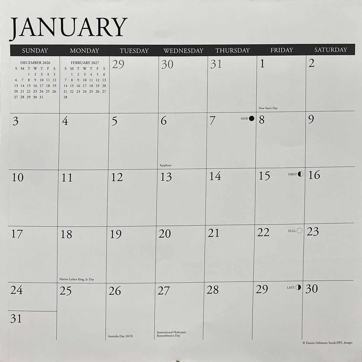 Close-up of a clear and organized January calendar page, showing large daily grids, small previous/next month views, and holiday indicators for easy planning.
