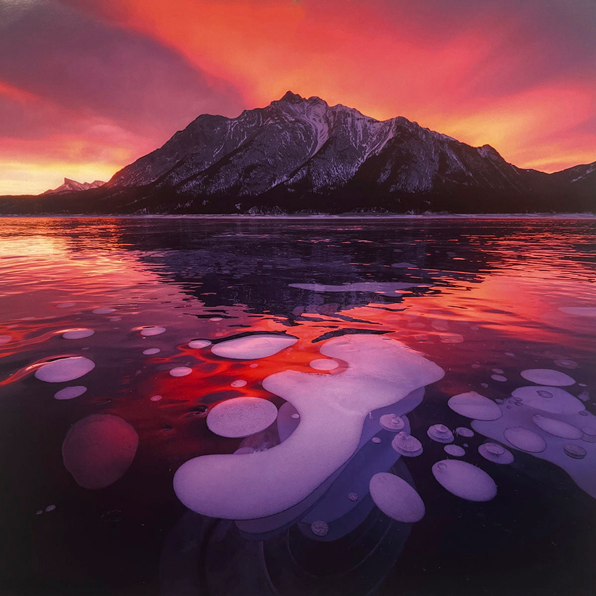 Breathtaking sunset over Abraham Lake, Alberta, Canada, with vibrant red and orange sky reflecting on a frozen lake with unique methane ice bubbles and a majestic mountain backdrop. SEO optimized for nature calendar, scenic photography, wall art.