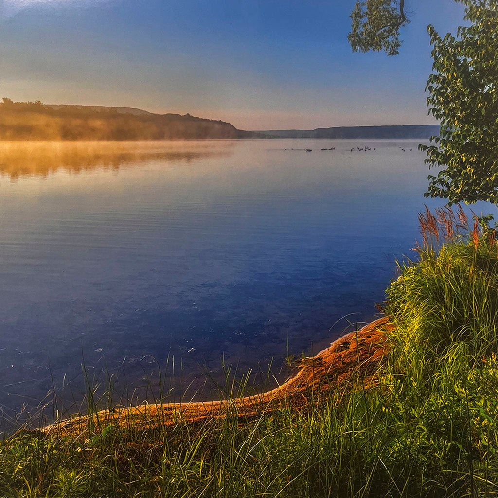 Peaceful misty morning on a lakeside, golden sunlight illuminates the fog above calm waters, with a grassy shoreline and a line of distant trees. Great for a nature lover's calendar, serene lake views.