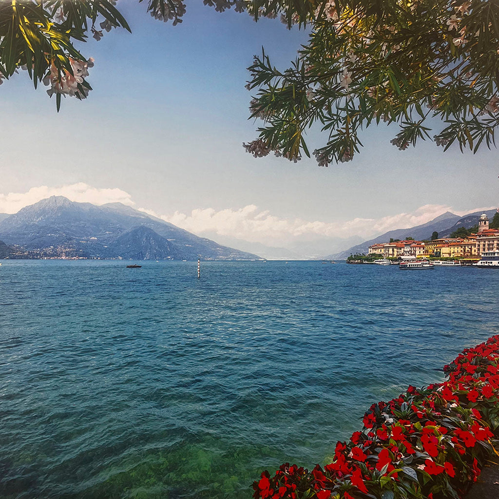 Charming view of a European lake town with vibrant red flowers in the foreground, clear blue water, distant mountains, and picturesque buildings along the shore. Keywords: European scenery calendar, beautiful travel destinations.