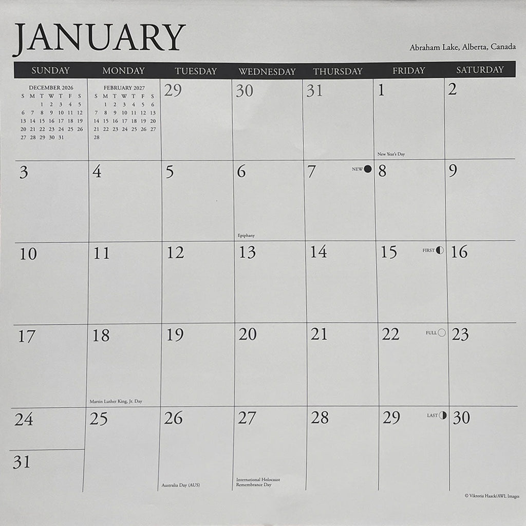 Detailed close-up of the January 2027 calendar grid, showing dates, moon phases, and holidays like New Year's Day and Martin Luther King Jr. Day. The top indicates Abraham Lake, Alberta, Canada, and credit Viki Haack/AWL Images, highlighting spacious planning cells. Keywords: 2027 calendar layout, monthly planner, wall calendar functionality.