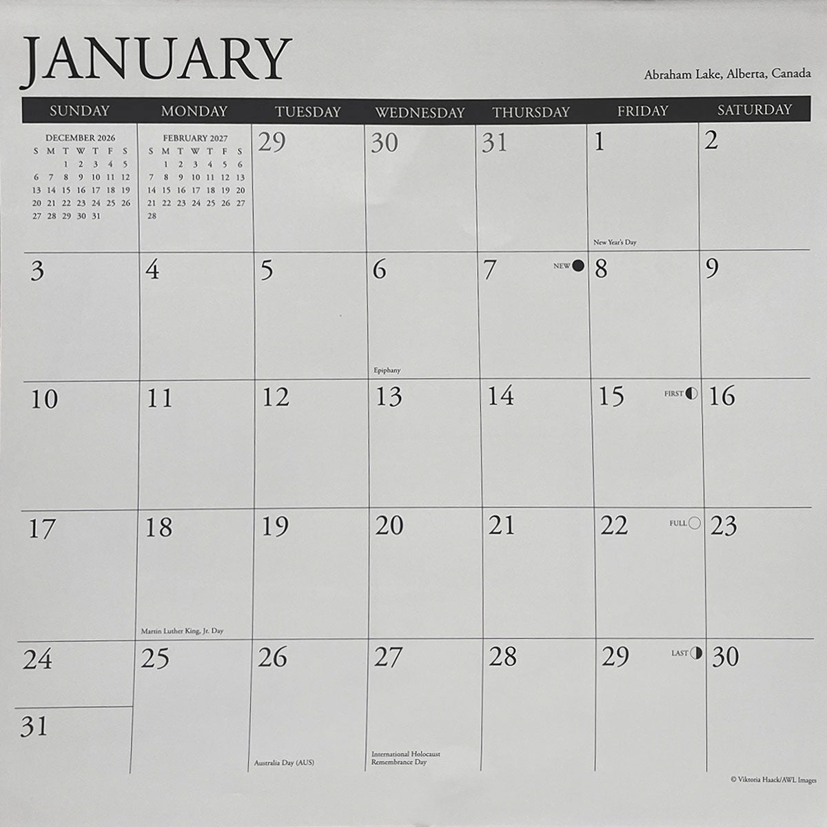 Detailed close-up of the January 2027 calendar grid, showing dates, moon phases, and holidays like New Year's Day and Martin Luther King Jr. Day. The top indicates Abraham Lake, Alberta, Canada, and credit Viki Haack/AWL Images, highlighting spacious planning cells. Keywords: 2027 calendar layout, monthly planner, wall calendar functionality.