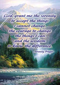 Serenity Prayer magnet featuring a tranquil mountain landscape with a waterfall, vibrant green evergreen trees, and a rocky river. The elegant text 'God, grant me the serenity to accept the things I cannot change, the courage to change the things I can, and the wisdom to know the difference.' is centered on the serene natural backdrop.