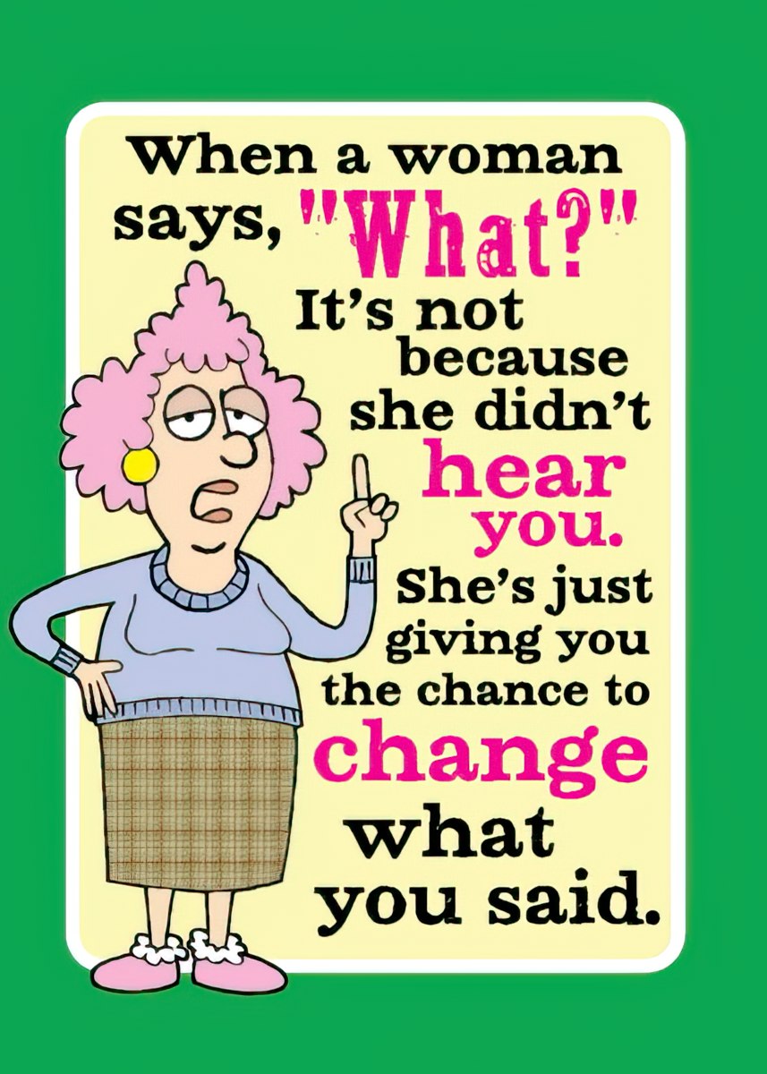 Humorous fridge magnet featuring a cartoon woman with pink hair pointing, with the text 'When a woman says, "What?" It's not because she didn't hear you. She's just giving you the chance to change what you said.'