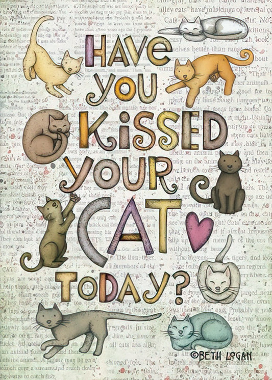 Decorative magnet featuring playful cat illustrations and text "Have you kissed your cat today?" on a textured background.