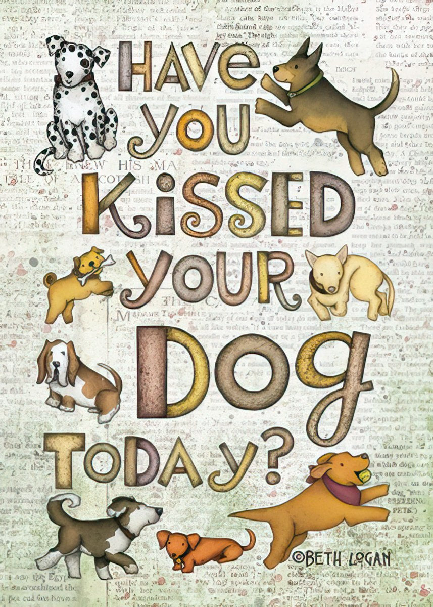 Colorful illustrated magnet featuring various cartoon dog breeds and the heartwarming question 'Have you kissed your dog today?', ideal for pet lovers.