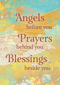 Religious inspirational magnet featuring text 'Angels before you, Prayers behind you, Blessings beside you' on a vibrant abstract background with subtle angel wings and floral designs.