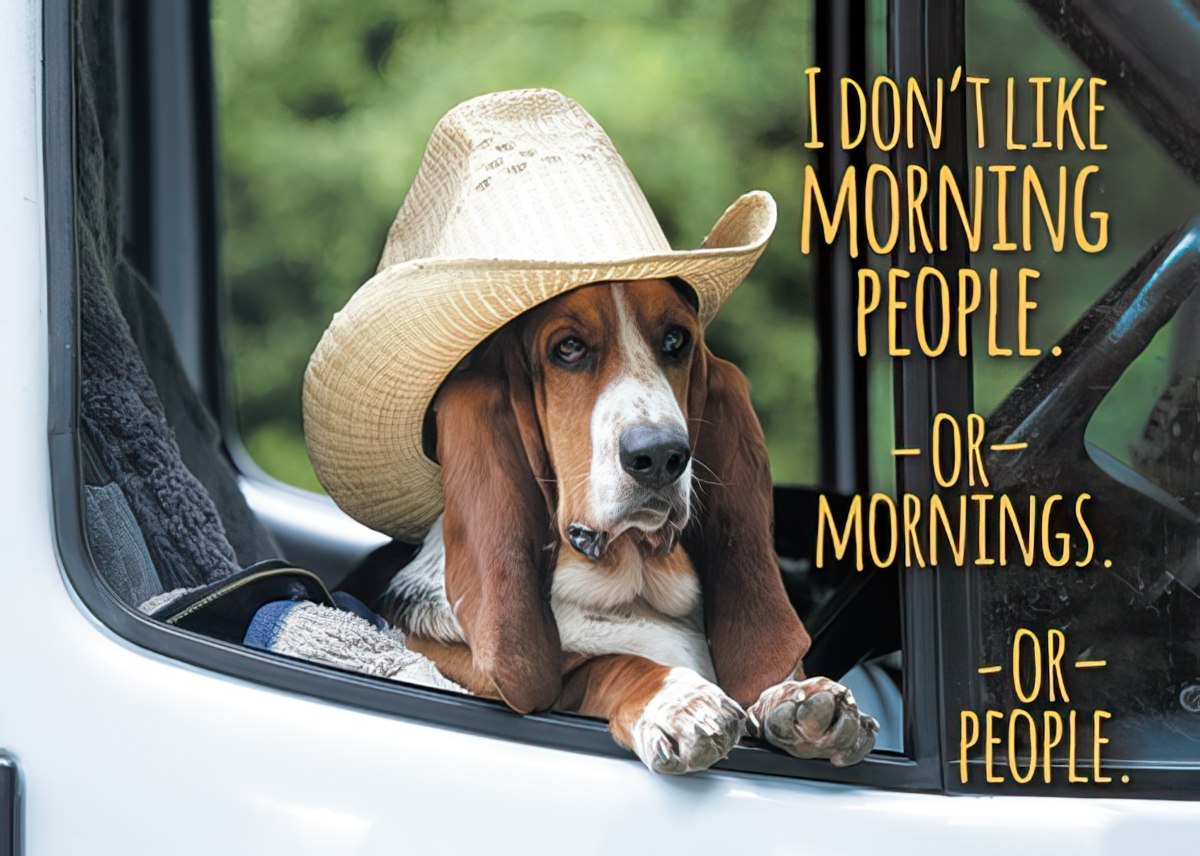 Humorous basset hound magnet featuring a dog in a straw cowboy hat looking grumpily out of a car window, with text: 'I DON'T LIKE MORNING PEOPLE. -OR- MORNINGS. -OR- PEOPLE.'
