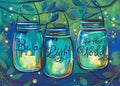 Vibrant magnet featuring three glowing mason jar lanterns with candles, scripted 'Be a Light to the World' on a lush teal and green botanical background. Perfect for uplifting home decor and positive messages.