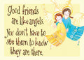 Inspirational friendship magnet featuring two smiling angels with wings and halos, one in yellow and one in blue, embracing. The quote 'Good friends are like angels. You don't have to see them to know they are there.' is prominently displayed on a soft yellow background, making it a perfect gift for a cherished companion.