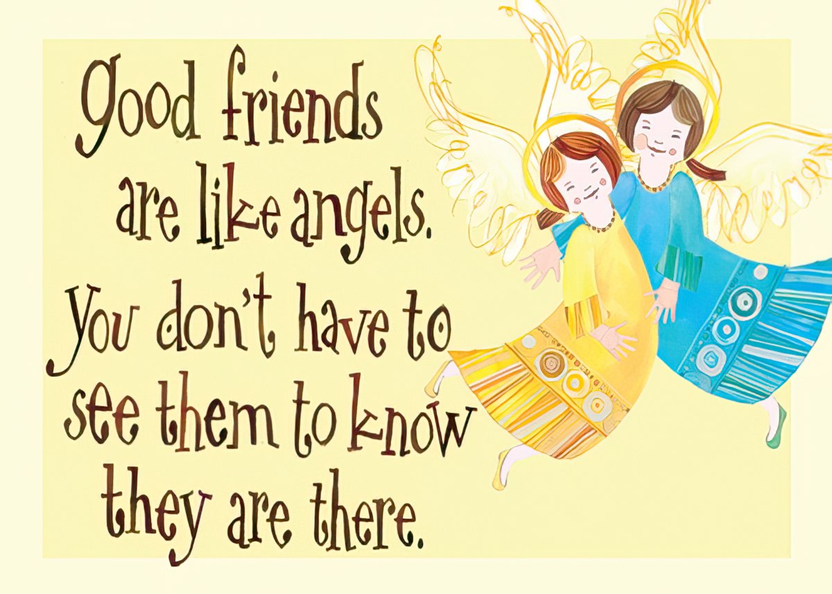 Inspirational friendship magnet featuring two smiling angels with wings and halos, one in yellow and one in blue, embracing. The quote 'Good friends are like angels. You don't have to see them to know they are there.' is prominently displayed on a soft yellow background, making it a perfect gift for a cherished companion.
