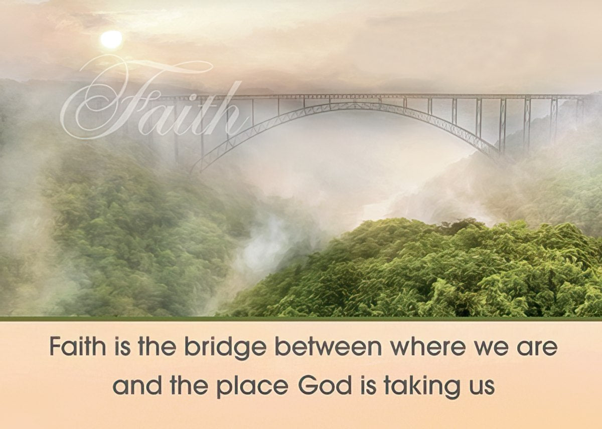 Inspirational faith magnet depicting an elegant 'Faith' script above a misty bridge spanning a green valley, with the quote 'Faith is the bridge between where we are and the place God is taking us'. Perfect for spiritual home decor and Christian gifts.