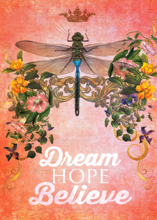 A vintage-style decorative magnet with a large dragonfly, a crown, and colorful flowers over a textured pink-orange background. Text reads 'Dream Hope Believe'.