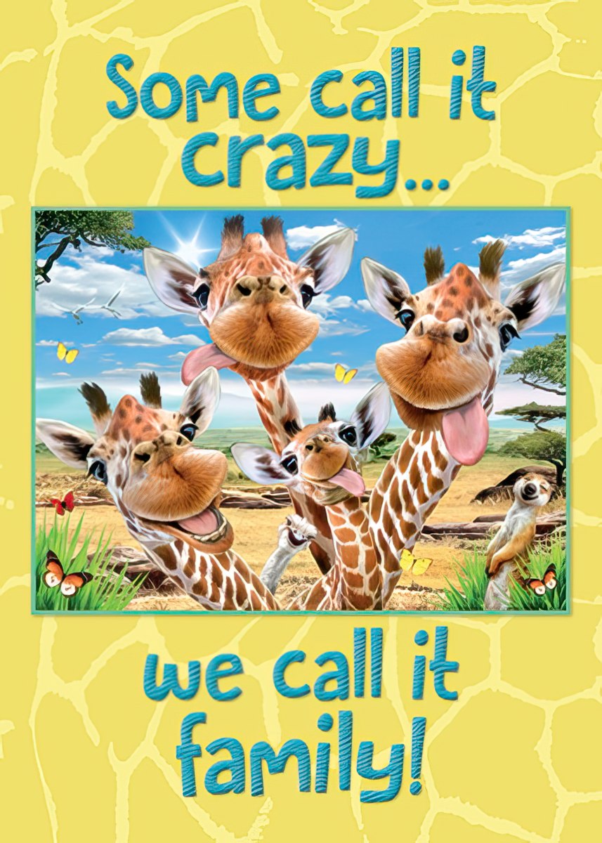 Funny giraffe family magnet featuring cartoon giraffes sticking tongues out, set against a bright savanna backdrop with butterflies and a meerkat, displaying the quote 'Some call it crazy... we call it family!'. Perfect for refrigerator or locker.
