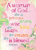 Inspirational magnet featuring 'A woman of God...' quote from Proverbs 31 in vibrant pink, red, green, orange, and blue fonts on a decorative floral background, celebrating precious, strong, wise, kind, laughing, creative, and blessed women.
