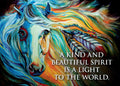 Vibrant watercolor painting of a horse with a flowing, rainbow-colored mane and feathers, featuring the inspiring quote: 'A kind and beautiful spirit is a light to the world.' Perfect for inspirational home decor.