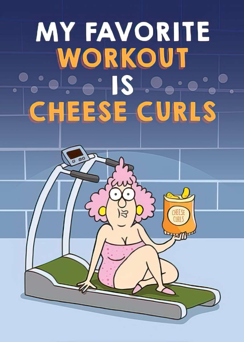 Funny magnet: cartoon woman in a swimsuit eating cheese curls on a treadmill with the text 'My Favorite Workout Is Cheese Curls'.