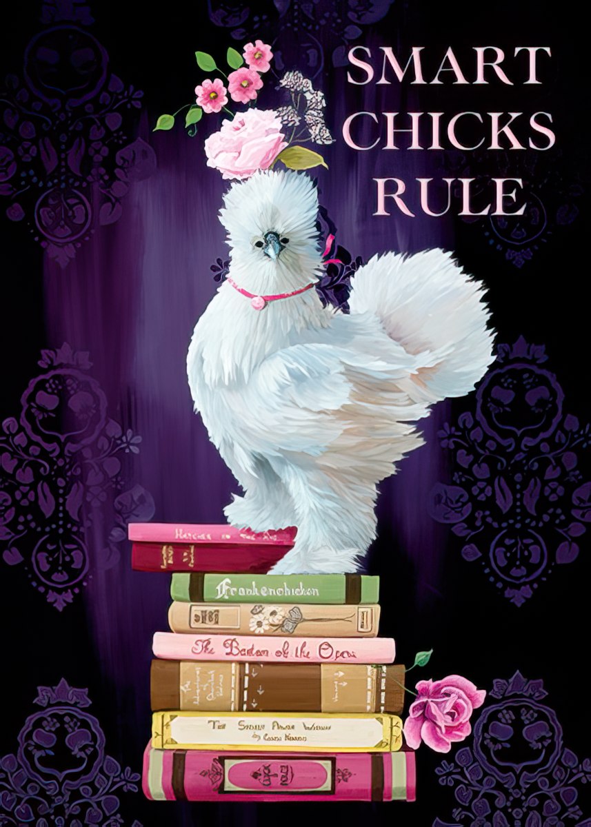 Smart Chicks Rule magnet: fluffy white chicken with pink collar on a stack of books, pink flowers, purple and black background.