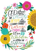 Vibrant floral Serenity Prayer magnet featuring the full text 'God grant me the Serenity to Accept the things I Cannot Change, Courage to Change the things I Can, and the Wisdom to Know the Difference' in elegant, colorful script. The design is framed by a joyful wreath of flowers, including a large yellow sunflower, pink, orange, and teal blossoms, with green leaves and small hearts, set against a crisp white background. Perfect for spiritual inspiration and home decor.