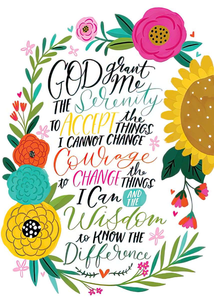 Vibrant floral Serenity Prayer magnet featuring the full text 'God grant me the Serenity to Accept the things I Cannot Change, Courage to Change the things I Can, and the Wisdom to Know the Difference' in elegant, colorful script. The design is framed by a joyful wreath of flowers, including a large yellow sunflower, pink, orange, and teal blossoms, with green leaves and small hearts, set against a crisp white background. Perfect for spiritual inspiration and home decor.