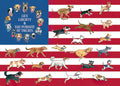 SEO-optimized alt text for a magnet featuring numerous dog breeds like Labrador, German Shepherd, Pug, Dalmatian, Beagle, and Terrier, running across a vibrant American flag background. The design includes a blue circle with white stars and the text 'Life, Liberty & The Pursuit of Treats', making it a perfect patriotic pet-themed decor item.