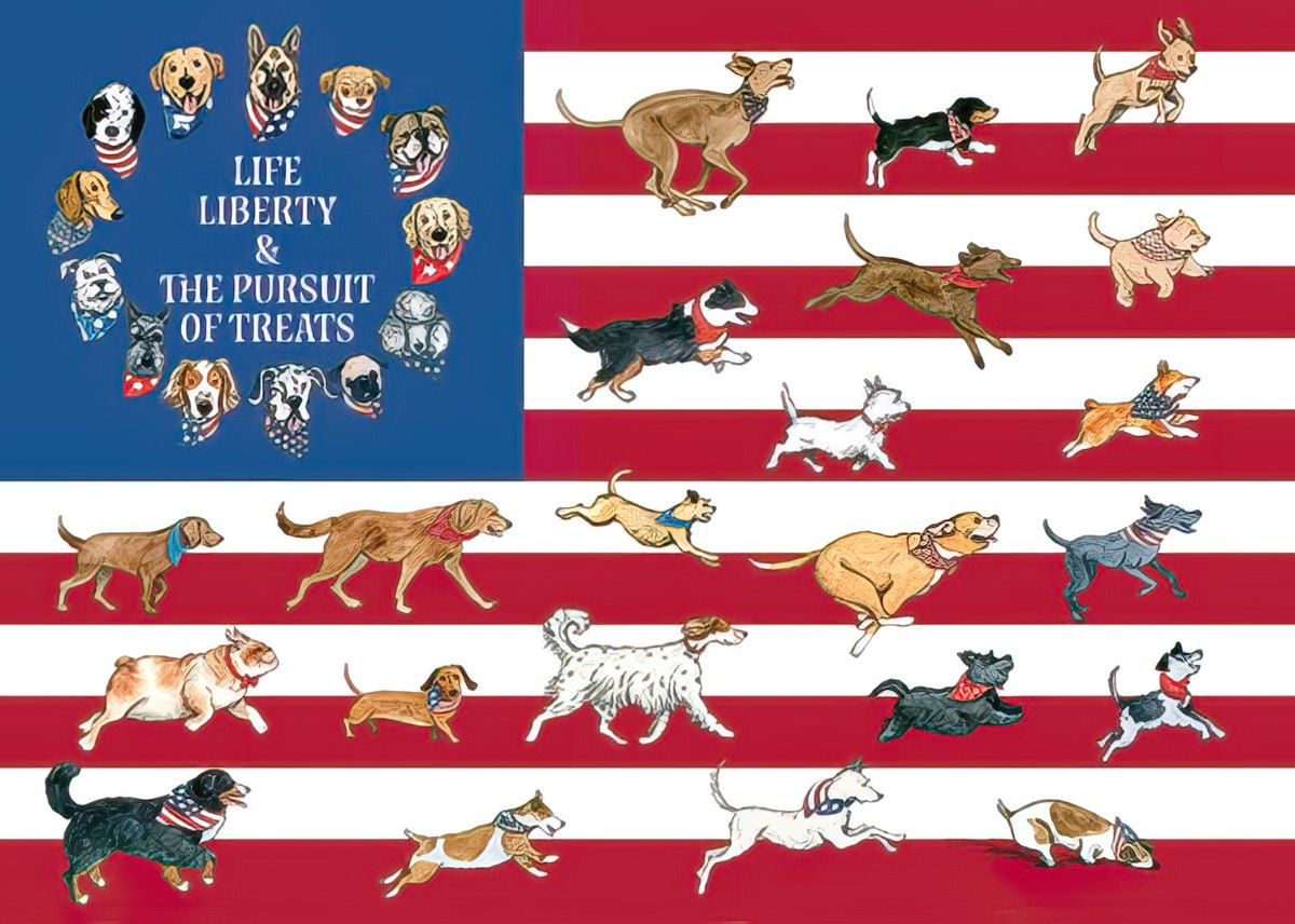 SEO-optimized alt text for a magnet featuring numerous dog breeds like Labrador, German Shepherd, Pug, Dalmatian, Beagle, and Terrier, running across a vibrant American flag background. The design includes a blue circle with white stars and the text 'Life, Liberty & The Pursuit of Treats', making it a perfect patriotic pet-themed decor item.