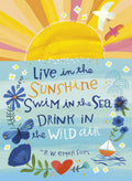 Vibrant art magnet with R.W. Emerson quote: 'Live in the Sunshine, Swim in the Sea, Drink in the Wild Air,' featuring sun, birds, ocean, sailboat, flowers, and a butterfly illustration.