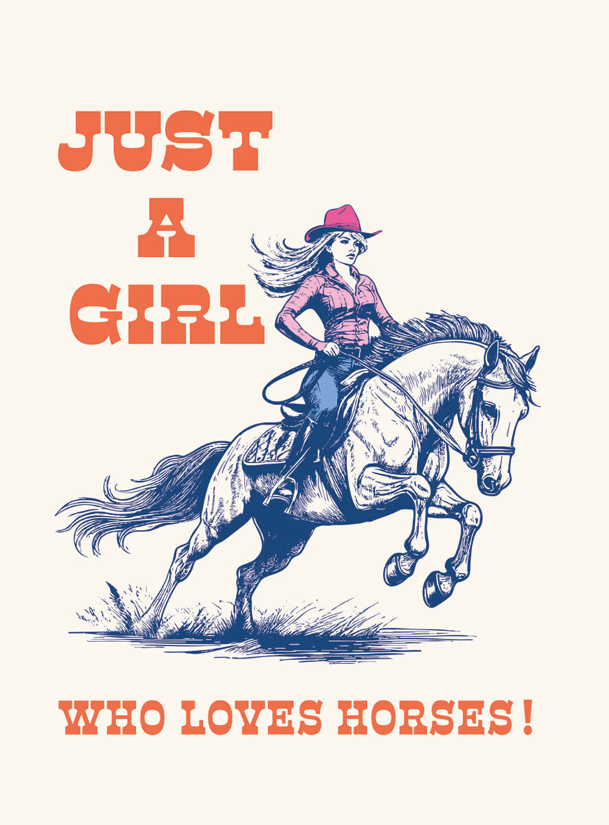 A magnet featuring the text "JUST A GIRL WHO LOVES HORSES!" with a vintage-style illustration of a cowgirl riding a galloping horse.