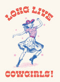 Vintage cowgirl magnet featuring an illustration of a dancing woman in a red cowboy hat, pink shirt, blue skirt, and blue boots, surrounded by pink stars, with the empowering text 'Long Live Cowgirls!' in retro script. Ideal for western-themed decor.