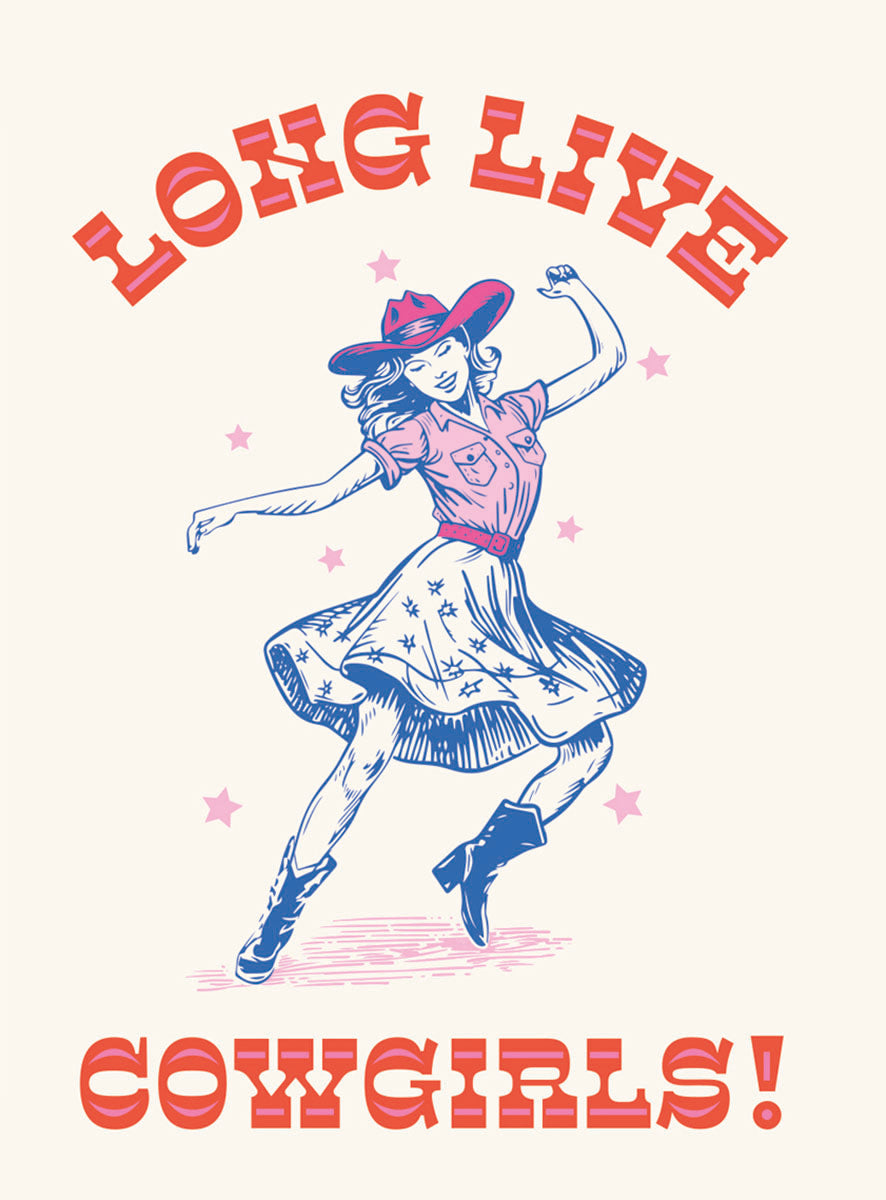 Vintage cowgirl magnet featuring an illustration of a dancing woman in a red cowboy hat, pink shirt, blue skirt, and blue boots, surrounded by pink stars, with the empowering text 'Long Live Cowgirls!' in retro script. Ideal for western-themed decor.