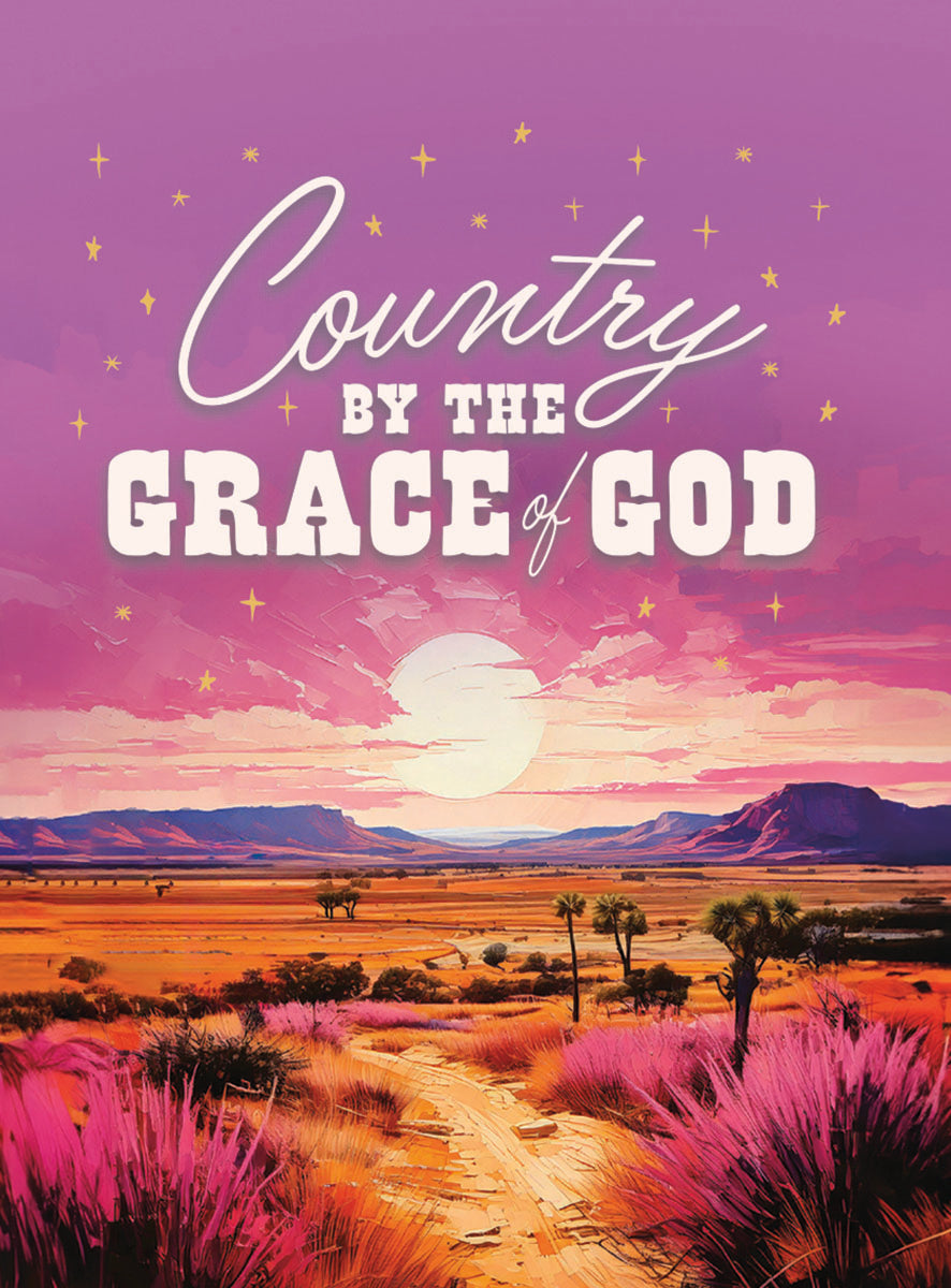 Vibrant religious magnet featuring a sunset or sunrise over a desert landscape with mountains, pink-purple foliage, a dirt path, and a starry purple sky. The text 'Country By The Grace Of God' is prominently displayed, making it an inspiring piece of spiritual home decor or a thoughtful gift.