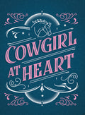 Cowgirl at Heart rustic magnet featuring pink text, a white horse head graphic, and western-style decorative flourishes on a textured dark blue background.