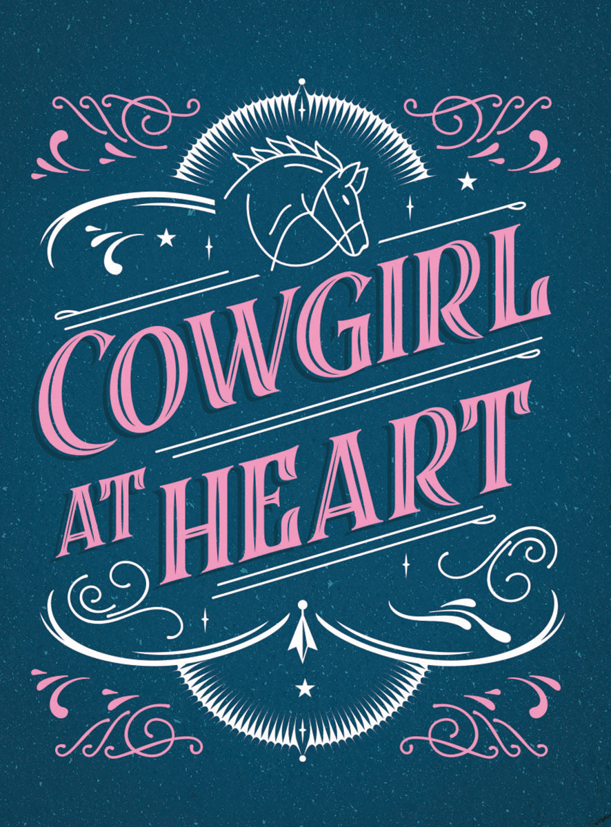 Cowgirl at Heart rustic magnet featuring pink text, a white horse head graphic, and western-style decorative flourishes on a textured dark blue background.