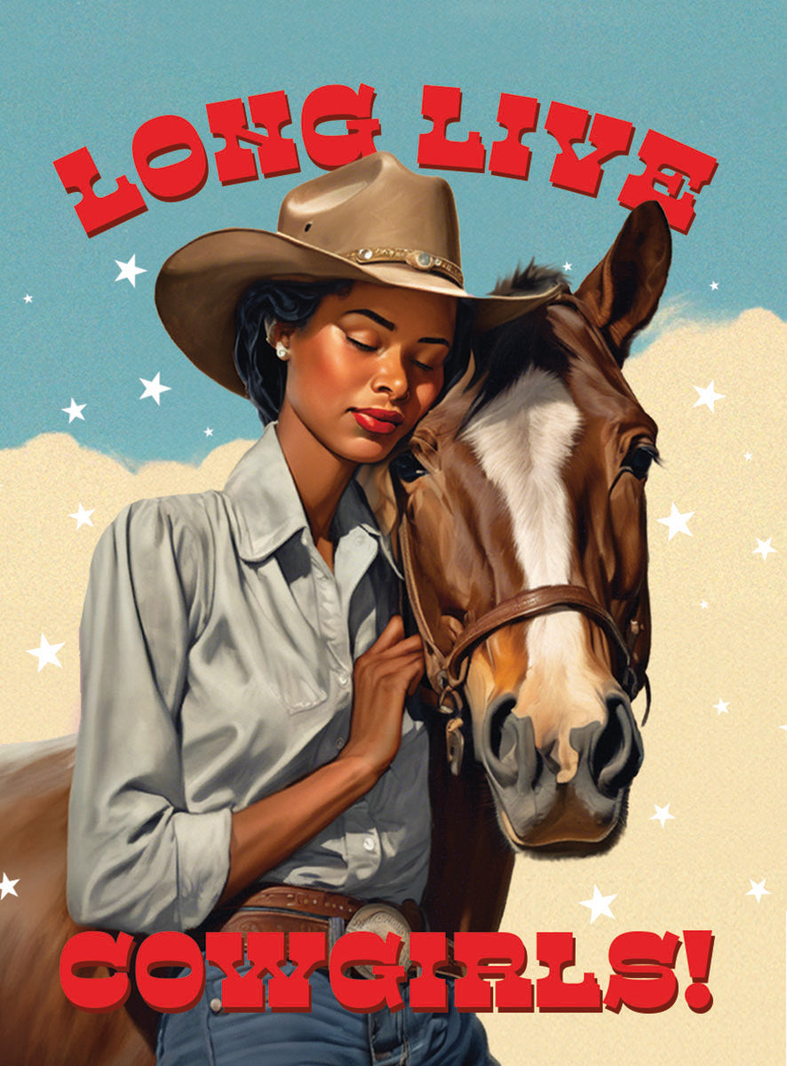 Vintage illustration of a proud cowgirl with dark skin embracing her brown horse, wearing a classic cowboy hat against a starry, sky-blue background. Features the empowering text 'LONG LIVE COWGIRLS!'. Ideal Western magnet for strong women.