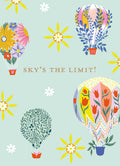 Vibrant hot air balloon magnet with 'SKY'S THE LIMIT!' text on a light blue background. Features whimsical floral and botanical designs in yellow, pink, blue, and green, surrounded by star-like flowers, perfect for encouragement.