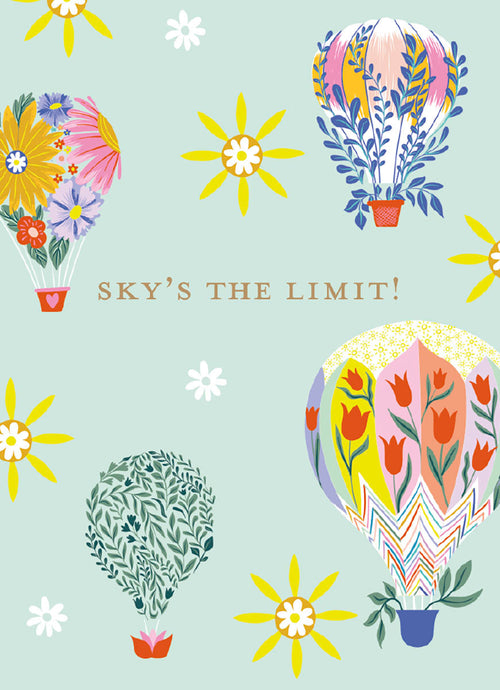 Vibrant magnet featuring colorful hot air balloons composed of flowers and foliage, with the uplifting phrase 'SKY'S THE LIMIT!' on a serene light blue background. Perfect for desk, locker, or fridge decor.