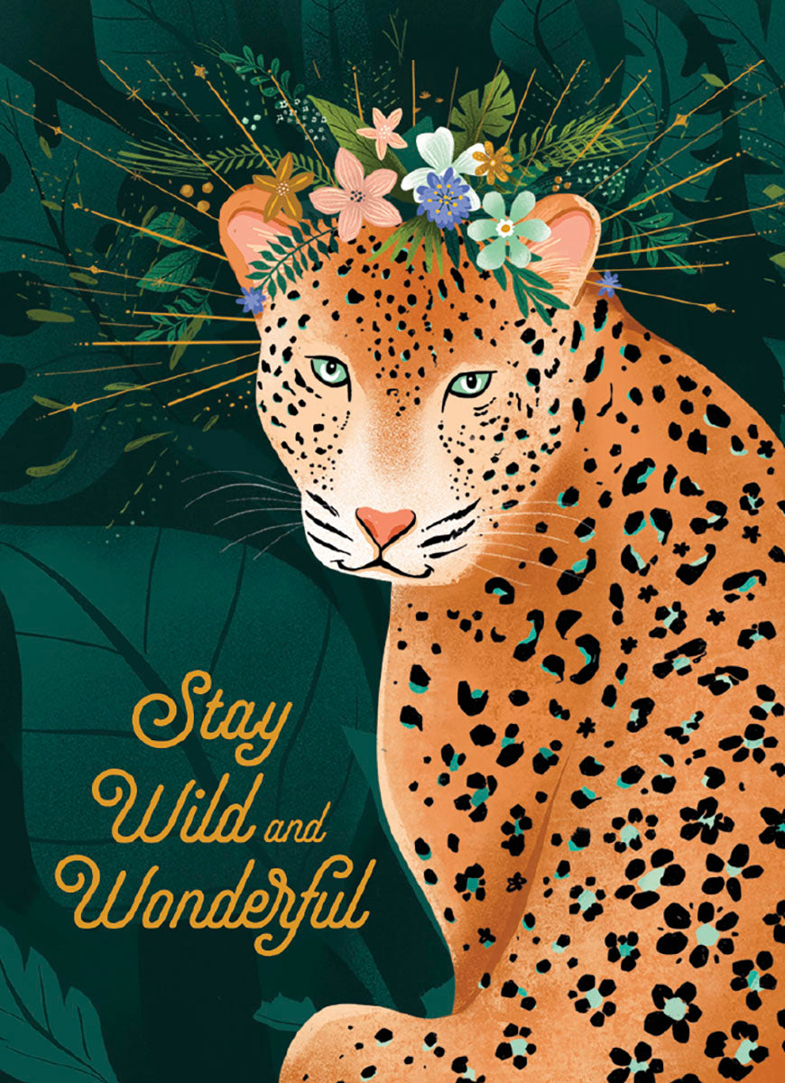 Illustration of a majestic leopard wearing a colorful flower crown amidst lush jungle foliage, with the empowering text 'Stay Wild and Wonderful'. Ideal as a magnet for inspiration and positive vibes.
