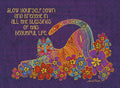 Vibrant art magnet featuring a colorful, patterned cat surrounded by red, purple, and blue flowers on a textured purple background, with the inspirational quote 'SLOW YOURSELF DOWN and BREATHE IN ALL THE BLESSINGS OF THIS BEAUTIFUL LIFE.' Perfect for mindfulness and home decor.