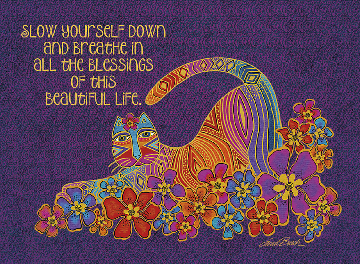 Vibrant art magnet featuring a colorful, patterned cat surrounded by red, purple, and blue flowers on a textured purple background, with the inspirational quote 'SLOW YOURSELF DOWN and BREATHE IN ALL THE BLESSINGS OF THIS BEAUTIFUL LIFE.' Perfect for mindfulness and home decor.