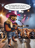Funny golden retriever dog in a pink cowboy hat and bandana, playing an acoustic guitar on a stage with a microphone. The dog sings a sassy breakup song to an audience of dogs. Humor-filled country music themed refrigerator magnet.