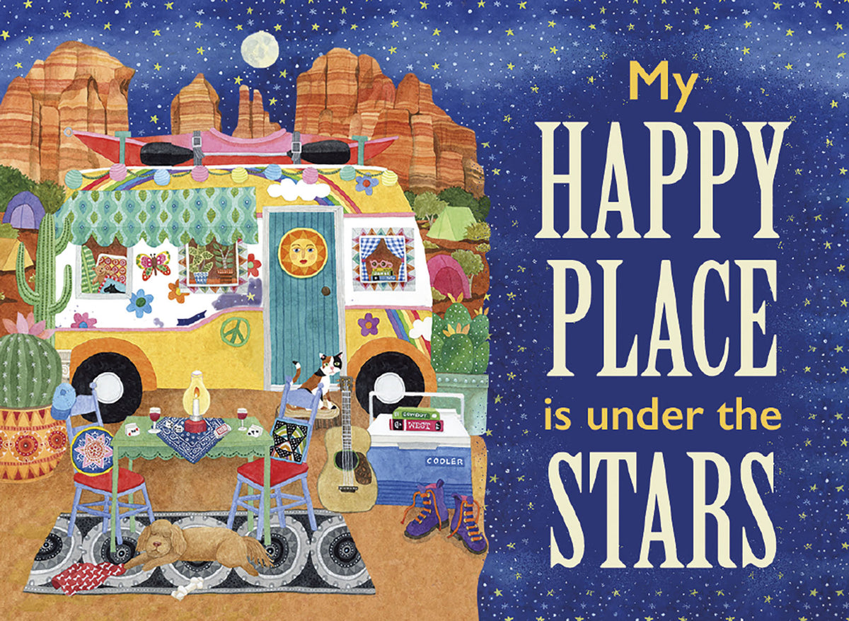 Whimsical watercolor magnet depicting a yellow camper van camping under a starry desert sky with a full moon, red rock formations, cacti, a dog, cat, guitar, and the text 'My HAPPY PLACE is under the STARS'. Ideal for travel enthusiasts and nature lovers.