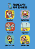 Humorous magnet featuring 'Phone Apps for Boomers' cartoon illustrations, including Napchat, Sweatflix, YouToot, Squatify, Instacramp, and Brandora, perfect for a fridge or locker.