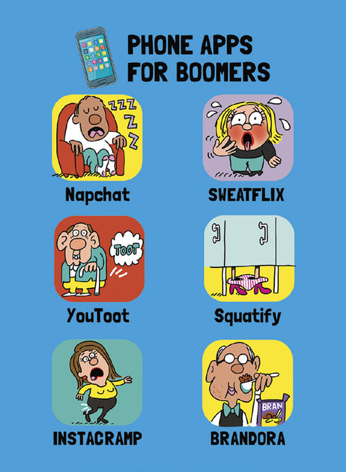Humorous magnet featuring 'Phone Apps for Boomers' cartoon illustrations, including Napchat, Sweatflix, YouToot, Squatify, Instacramp, and Brandora, perfect for a fridge or locker.