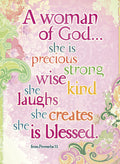 Inspiring Christian magnet featuring a pink background with vibrant green and yellow floral patterns. The text reads 'A woman of God... she is precious, strong, wise, kind, she laughs, she creates, she is blessed. from Proverbs 31', in various colorful fonts, celebrating the virtues of a faithful woman. Perfect religious gift for moms and grandmas.