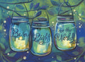 Inspirational magnet featuring three glowing mason jar lanterns with candles, script text 'Be a Light to the World', on a dark, leafy, starry night background, encouraging optimism and positivity.