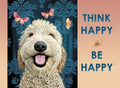 Joyful Goldendoodle dog with tongue out, pink and yellow butterflies, and 'THINK HAPPY BE HAPPY' text on a damask background magnet, perfect for inspirational decor.
