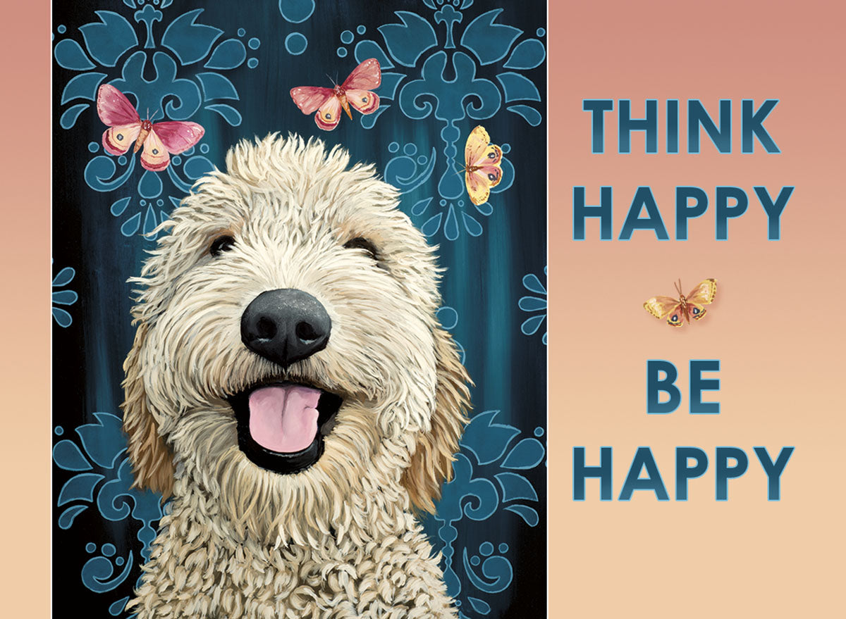 Joyful Goldendoodle dog with tongue out, pink and yellow butterflies, and 'THINK HAPPY BE HAPPY' text on a damask background magnet, perfect for inspirational decor.
